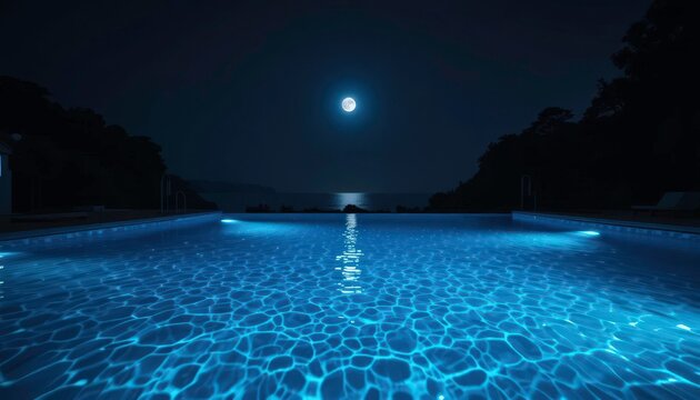  Moonlit Aqua Dark poolside with moonlight shimmering across the surface of the water A Quiet Night time Scene