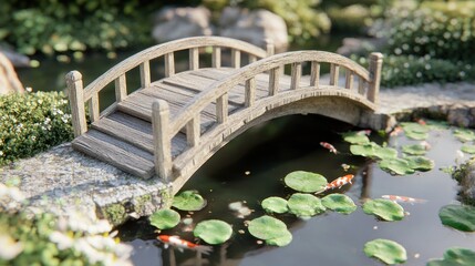 Fototapeta premium Wooden Bridge Over Pond in Garden (1)