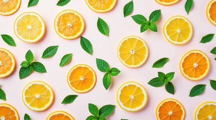 Brightly arranged lemon slices and leaves on a light background.