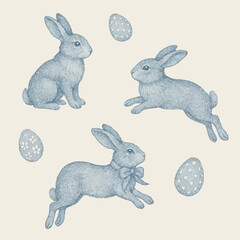 Vintage French style Easter bunnies in blue and white colours