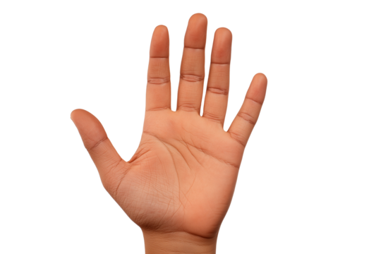 Hand of a person making a stop sign, waving, cut out of a transparent background.