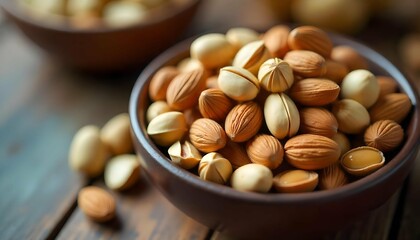 A bowl of mixed nuts. The bowl is filled with different types of nuts, including almonds, pistachios, and cashews. The nuts are of different sizes and colors, with some being light brown.