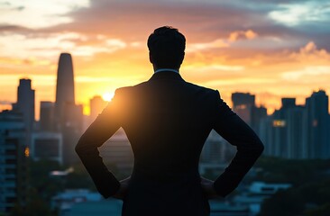 Fototapeta premium Businessperson Contemplates Cityscape at Sunset: Achieving Success and Dreams, Inspiring Future Goals