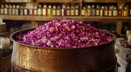 A large copper pot brims with delicate pink rose petals, showcasing a blend of nature and craftsmanship in a rustic apothecary environment