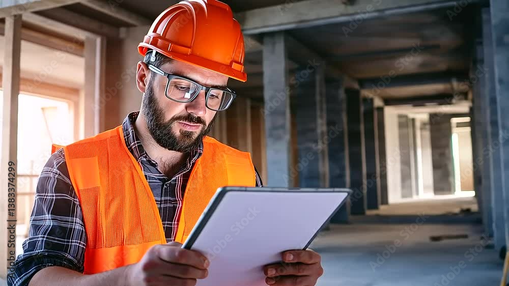Poster an architect working on a construction project uses a laser measure tool to assess the dimensions of
