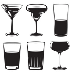 set vector various cocktail glass, summer cocktail, cocktail drink silhouettes