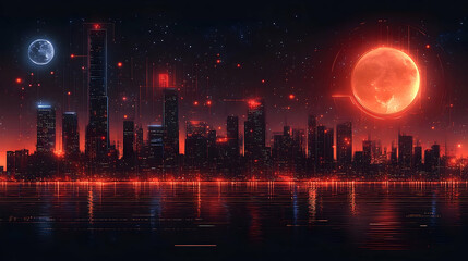Futuristic red moon cityscape