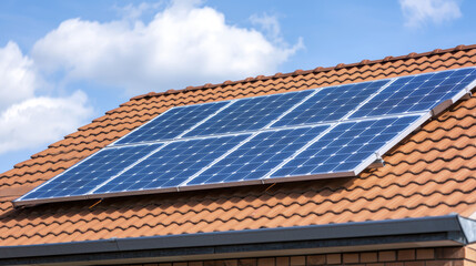 Solar panels on roof under blue sky with clouds, showcasing renewable energy