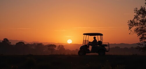 Fototapeta premium A serene golf cart silhouette against a vibrant sunset backdrop, evoking feelings of relaxation and leisurely drives.