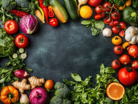 Vibrant assortment of fresh vegetables and fruits on a dark background, representing healthy eating and natural food. Ideal for nutrition articles, food blogs, recipe websites, and dietary guides.