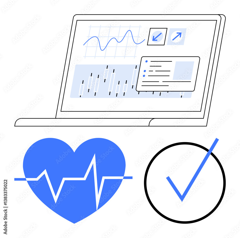 Poster laptop displaying data graphs and charts, heart icon with ecg line, and checkmark. ideal for healthc