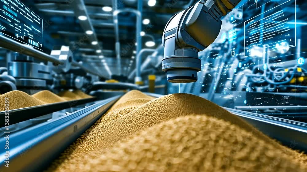 Poster close-up of a robotic arm in a modern sand factory, carefully sorting grains from a large pile of sa