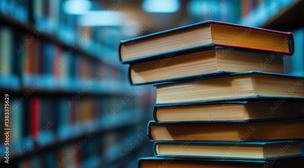 Poster a stack of books on trade topics like tariffs and customs duties sits in a library surrounded by she