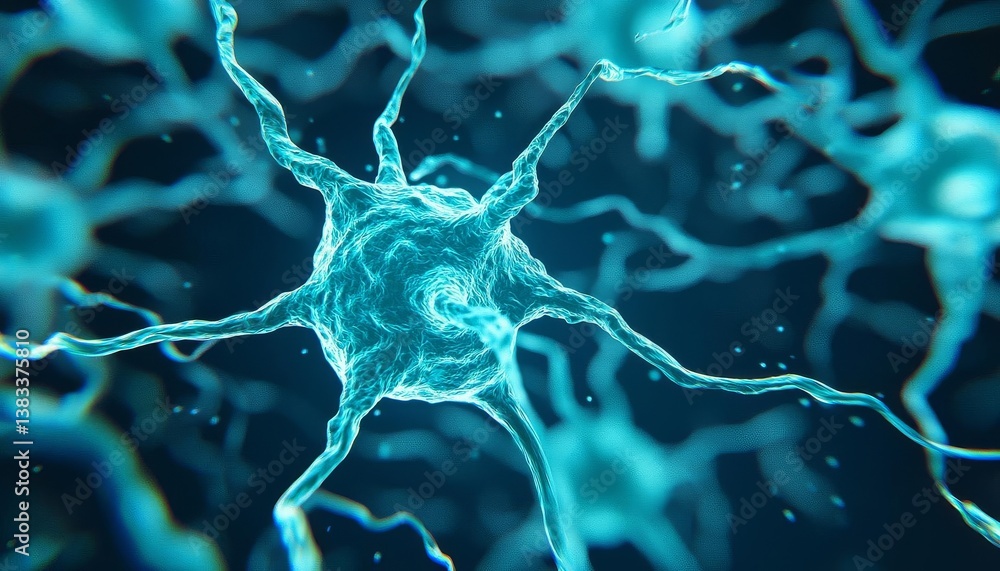Poster close-up view of a neuron with vibrant colors and intricate structures.