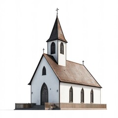 Fototapeta premium A quaint white church features a striking brown roof and tall spire, surrounded by a simple fence in a peaceful setting at dusk