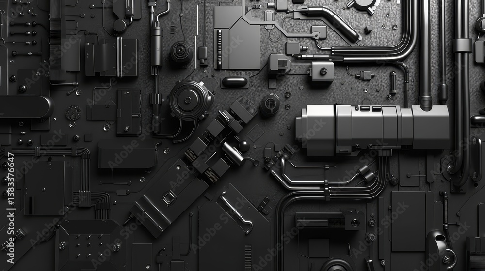 Poster abstract black technology panel - close-up view of a complex, dark gray and black technological pane