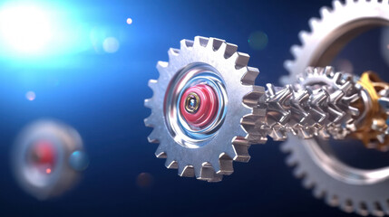 close up of interconnected metallic gears with glowing blue background, showcasing intricate details and futuristic design