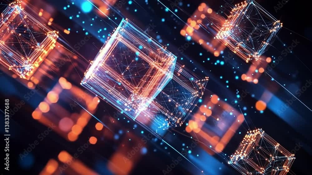 Poster complex network of interconnected nodes forming abstract cubes transferring data through cyberspace,