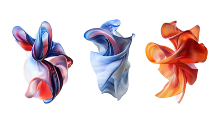 Three elegant pieces of vibrant, flowing fabric create dynamic abstract shapes isolated on a transparent background.