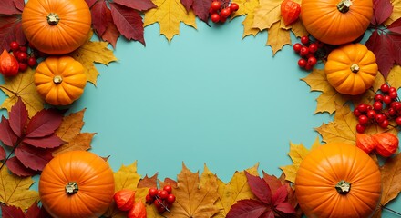 Autumn Frame: Pumpkins, Leaves, Berries on Teal AI Generated