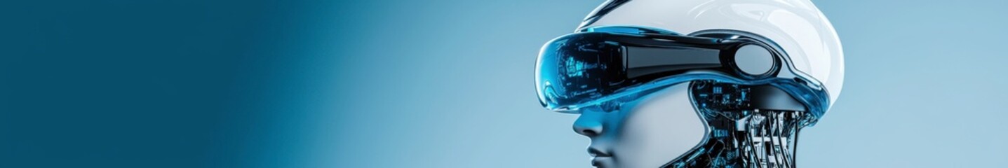 Fototapeta premium Profile View of a Person Wearing a Virtual Reality Headset with Blue and Grey Background