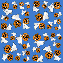 Halloween Pumpkin Ghost Cute Illustration, Cartoon Funny Character, Pattern Wallpaper 