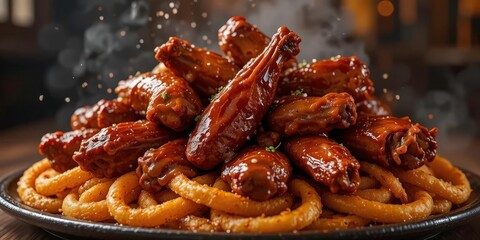  Chicken Wing Wave Rich Mahogany Tones Flowing Over a Bed of Sunny Gold, A Decadent and Indulgent Treat, Sports Bar Setting