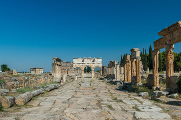 Ruins of ancient city, Hierapolis near Pamukkale, Turkey. Sunny day.