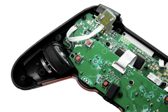 An opened black gaming controller with a green circuit board, buttons, and wires on a transparent background. Perfect for tech and repair visuals.

 - Powered by Adobe