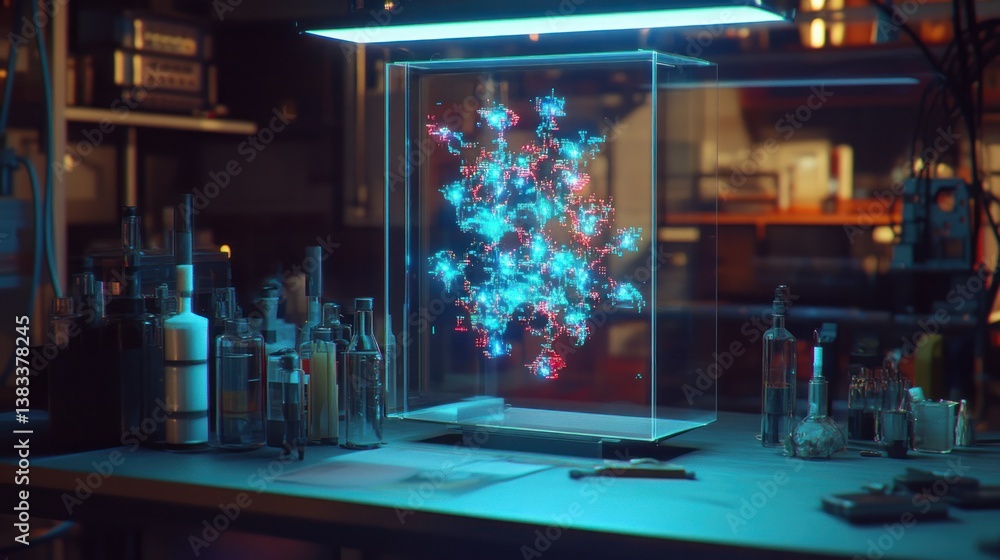 Poster sci-fi lab display of glowing molecular structure