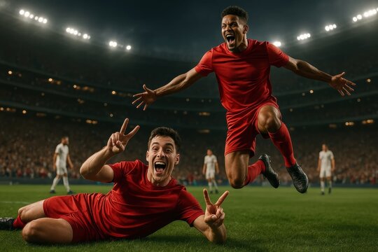 Joyful men, soccer players in red uniform celebrating victory after successful game under stadium lights during intense football championship. Concept of sport, teamwork, football, expression