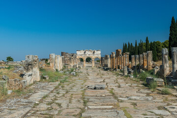 Ruins of ancient city, Hierapolis near Pamukkale, Turkey. Sunny day.
