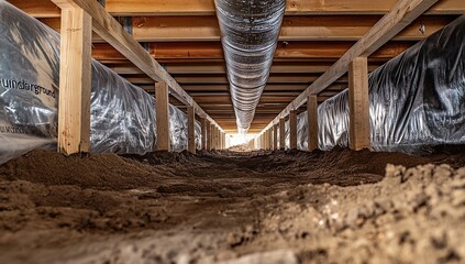 Low Angle View of a Dark Crawl Space with Wooden Beams and Dirt Floor