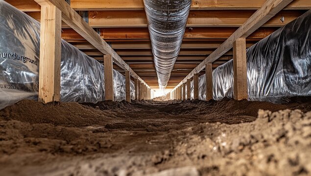 Low Angle View of a Dark Crawl Space with Wooden Beams and Dirt Floor