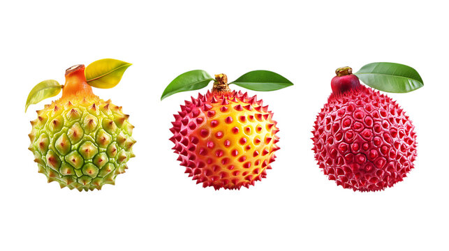 Three spiky tropical fruits showcase distinct ripening stages from green to vivid red, isolated on a pure transparent background for use in