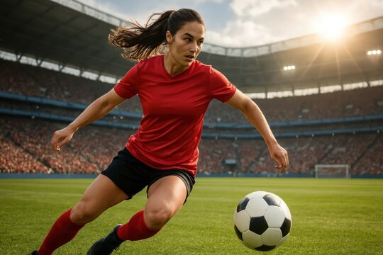 Fototapeta Female soccer player in red sprinting with intense focus and determination under stadium lights surrounded by cheering crowd. Dribbling ball with focus. Concept of sport, competitionimage.webp