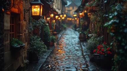 Fototapeta premium Rainy Cobblestone Street Illuminated By Lanterns And Building Lights