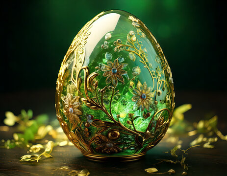 golden ornate crystal egg with green glowing light and jeweled filigree design