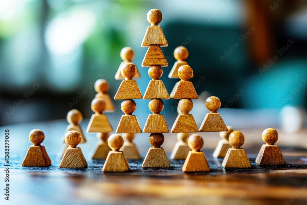 Poster wooden figures representing hierarchical structure in business and teamwork concepts, symbolizing le