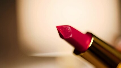 Bright Red Lipstick Showcased With a Luxurious Golden Tube Shining in Soft Light During a Beauty Demonstration