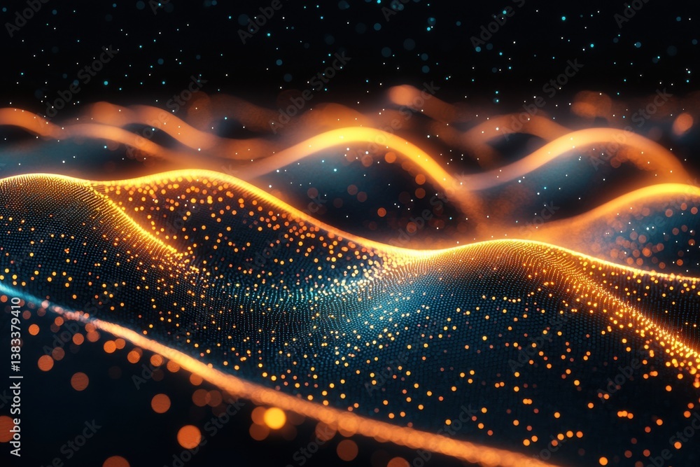 Poster abstract futuristic background with glowing dots and dynamic orange wave patterns