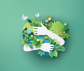 Eco world with hugging hands and forest leaves illustration