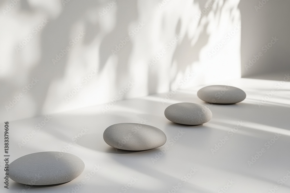Poster Minimalist arrangement of smooth river stones on white surface with soft lighting and neutral tones creating a calming atmosphere