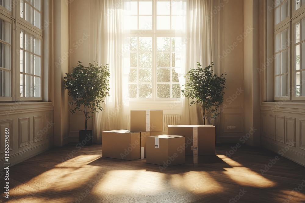 Poster bright sunlight streams through large windows in a spacious empty room where moving boxes sit alongs