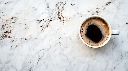 Mug with coffee stains scattered across a marble countertop, left unattended. Concept of morning rush, daily routine, and caffeine addiction.
