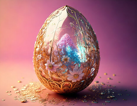 luxurious crystal vintage style egg with intricate golden filigree, pink floral accents and glowing interior jewels