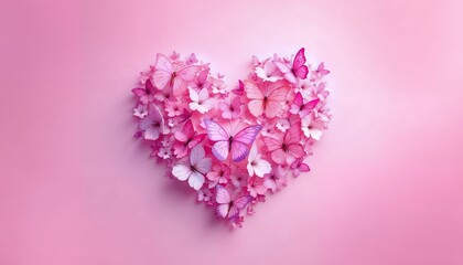 Obraz premium Heart Shape Made of Flowers and Butterflies on Pink Background