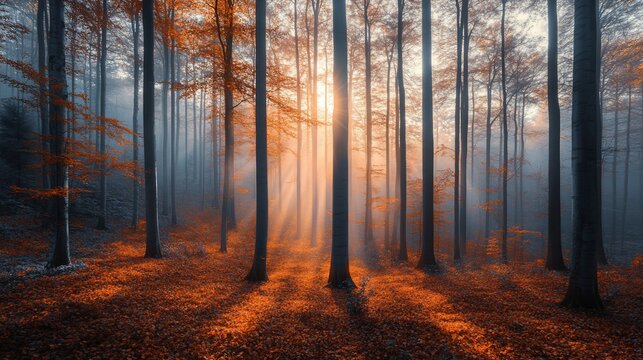 Autumn sunbeams pierce a misty forest