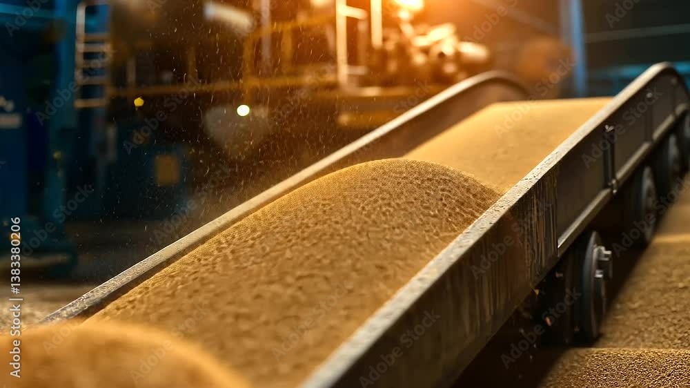 Poster a detailed high-resolution image of golden sand streaming down a conveyor belt, piling up into massi