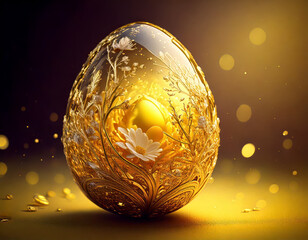 breathtaking ornate crystal egg with glowing golden yolk inside and dazzling details